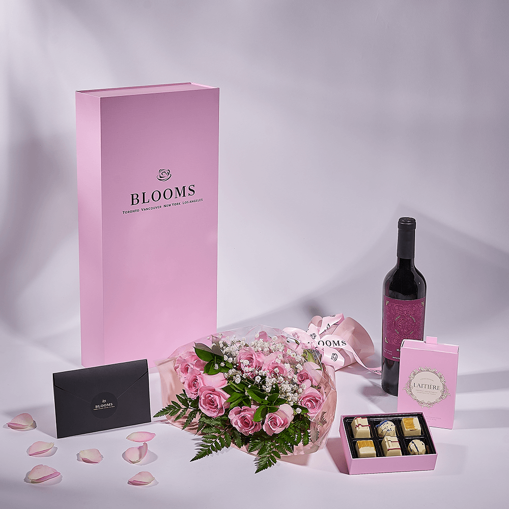 Mother’s Day Dozen Pink Rose Bouquet with Box, Wine, & Chocolate, rose gift, rose, mothers day gift, mothers day, wine gift, wine, Los Angeles delivery