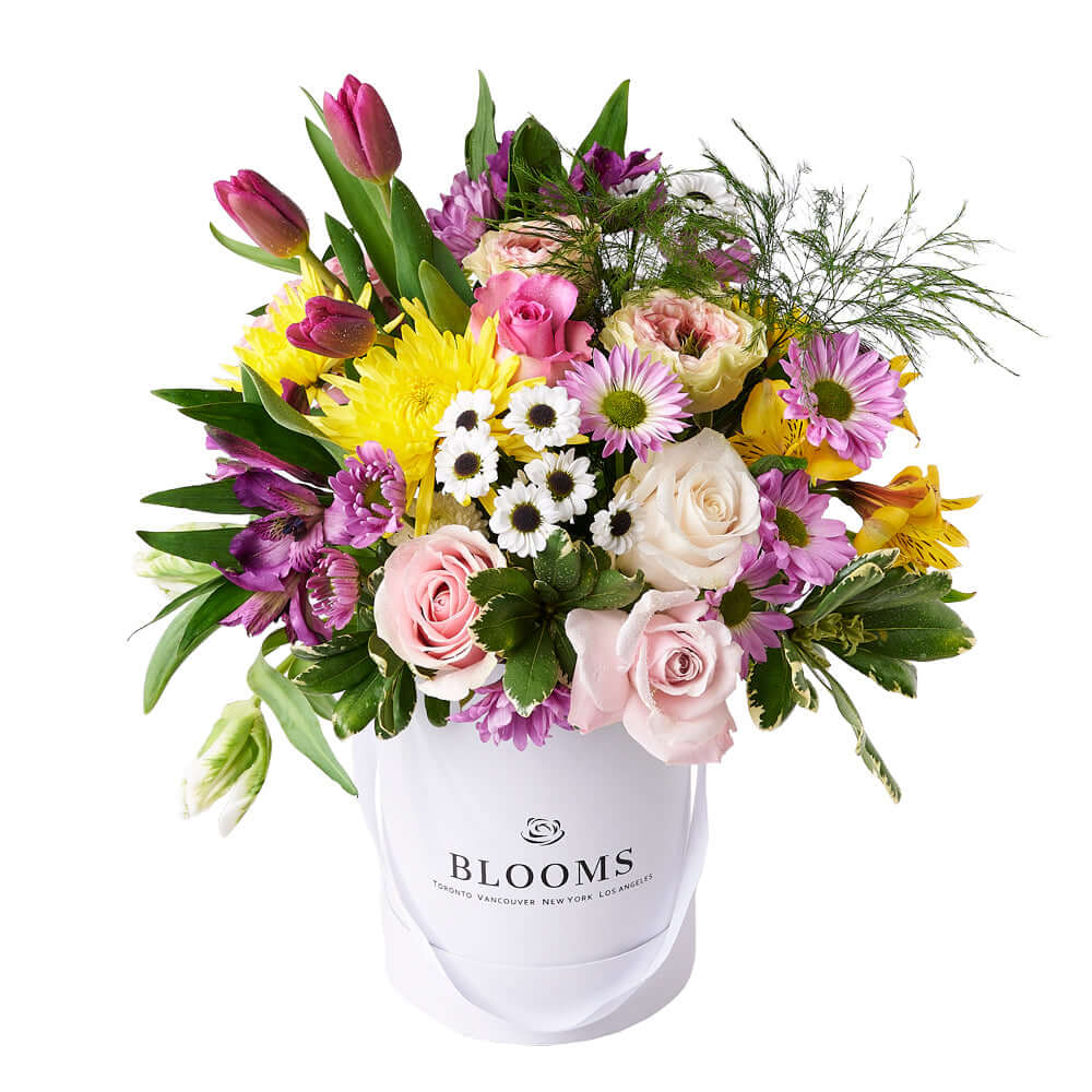 Mother's Day Mixed Spring Floral Arrangement in White Hat Box – how the gift is presented