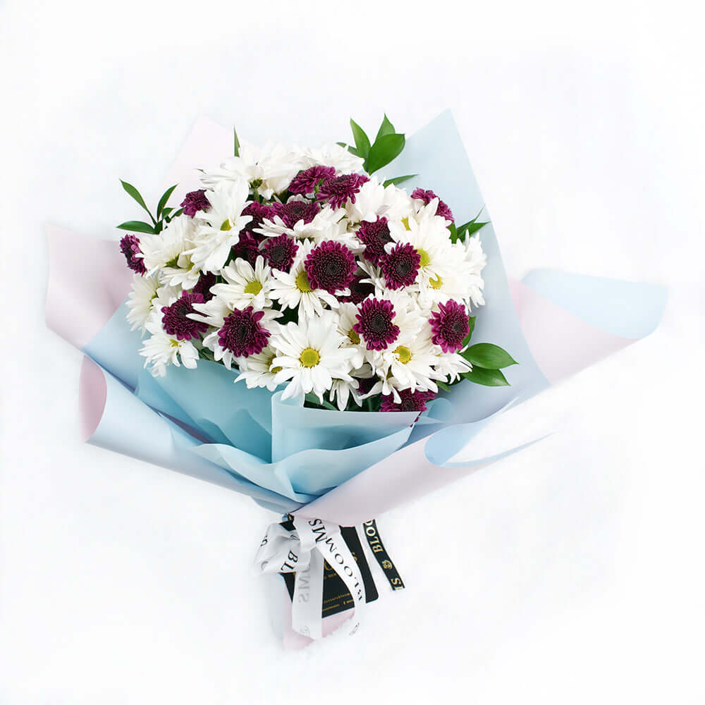 White and purple daisy floral bouquet. Los Angeles Blooms