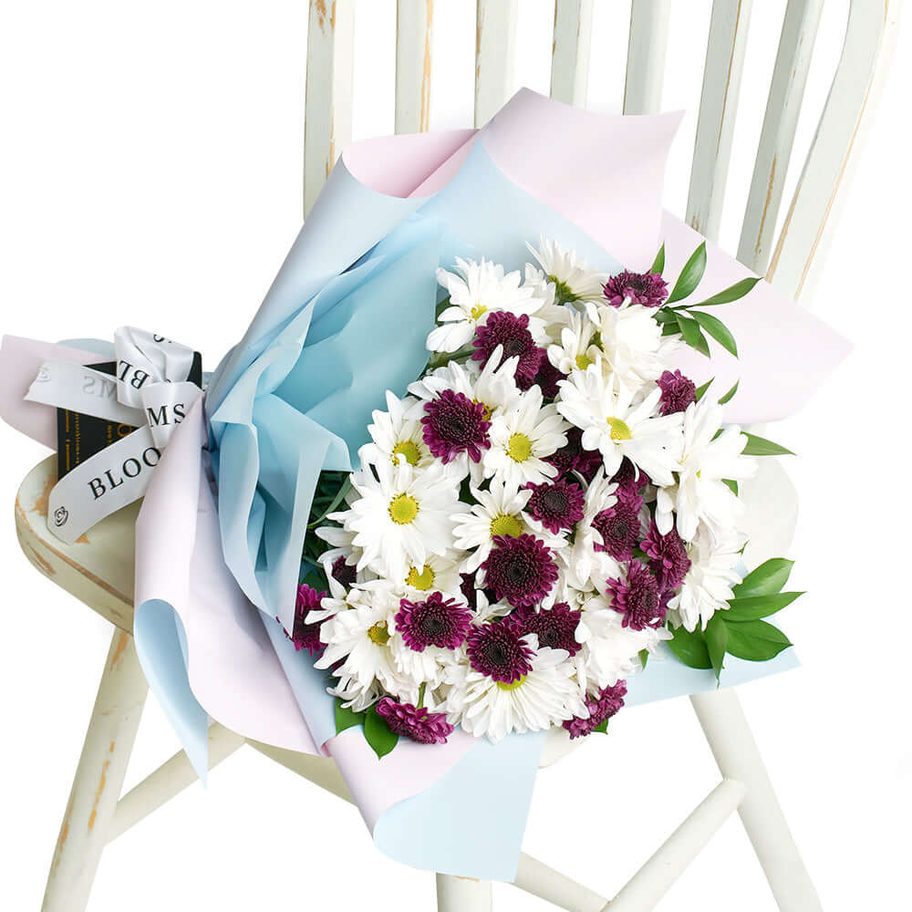 White and purple daisy floral bouquet. Los Angeles Blooms