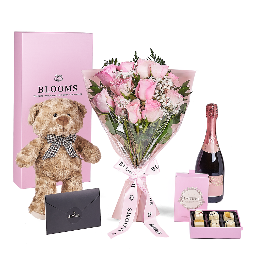 Mother's Day Pink Rose and Baby's Breath Sparkling Wine Gift Box – how the gift is presented