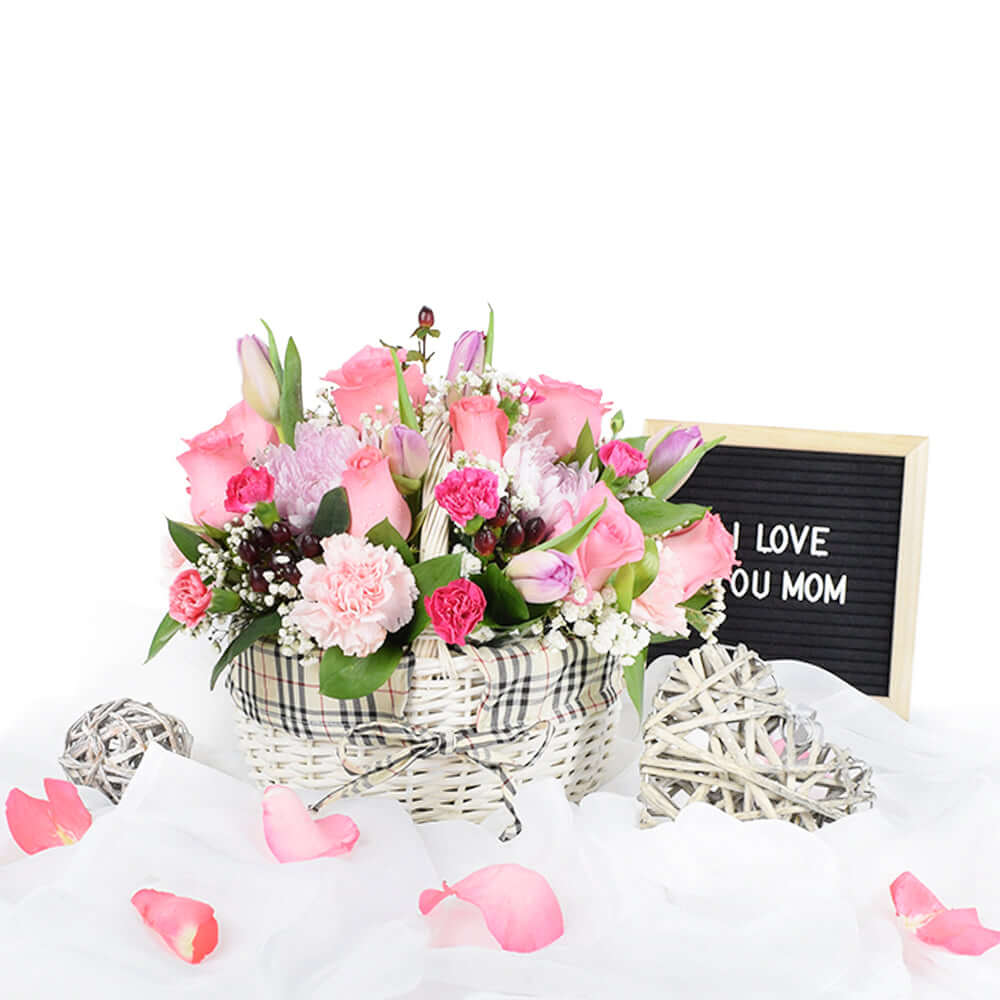 Pink Flower Basket Arrangement - Los Angeles Delivery.