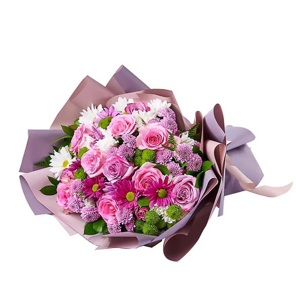 Designer Ribbon-Tied Bouquet of Pink Roses and Purple Daisies – how the gift is presented