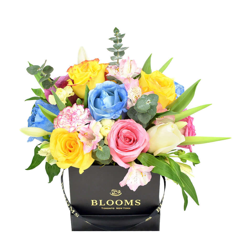Mixed Roses Tulips Carnations Hat Box – how the gift is presented
