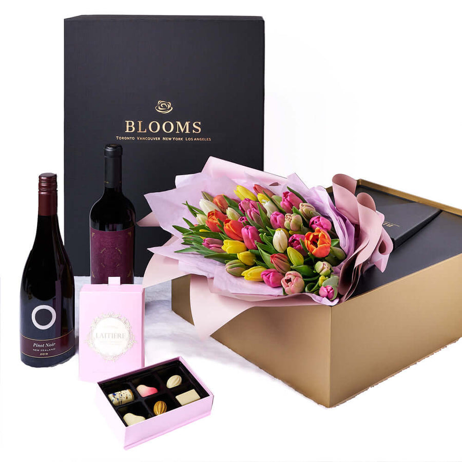 Resplendent Spring Tulip Gift Set, tulip gift baskets, gourmet gifts, gifts, tulips, wine gifts. Los Angeles Blooms