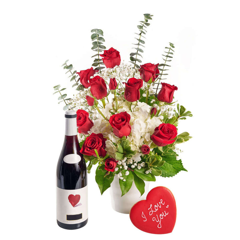 Rose and Hydrangea Vase with Wine. Wine Gift Set - Same Day Los Angeles Delivery.