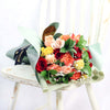 Bouquet with red, orange and yellow roses. Baby's breath and ruscus. Los Angeles Blooms- Los Angeles Delivery