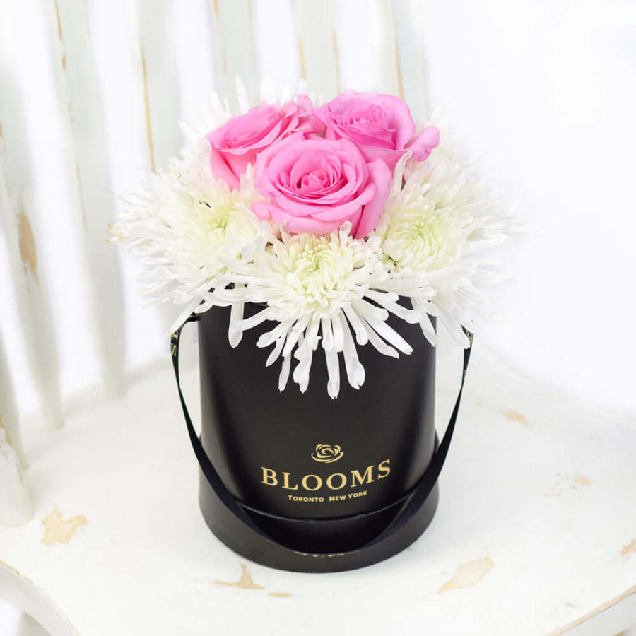 Simplistic Elegance Rose and Mum's Box Arrangement - Mixed Floral Hat Box - Los Angeles Blooms