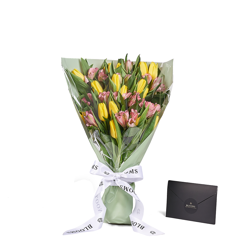 30-Stem Yellow Tulip and Alstroemeria Floral Wrap Bouquet – how the gift is presented
