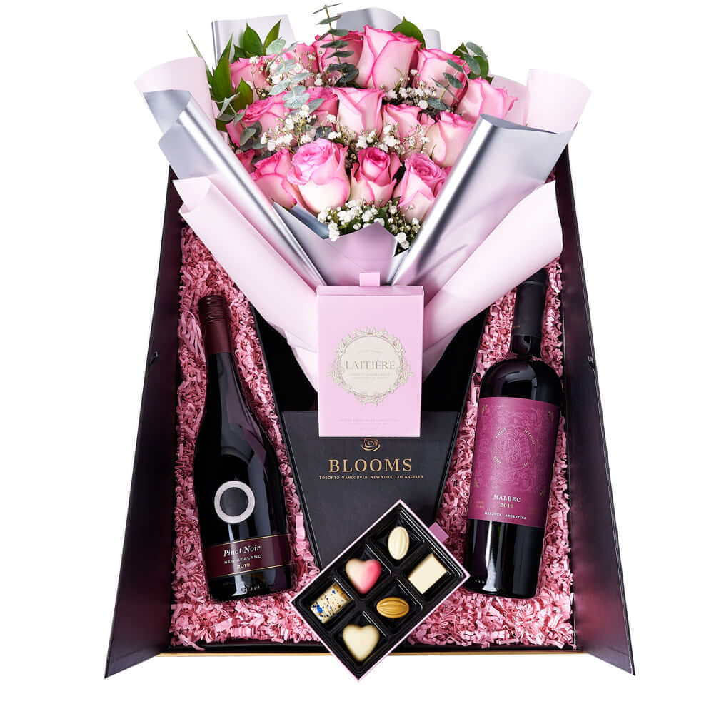 The Complete Pink Rose &amp; Wine Gift Set, wine gift, rose bouquet, chocolate gift, mother's day. Los Angeles Blooms.