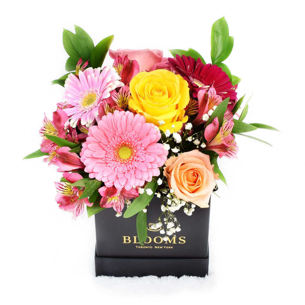 Elegant Gourmet Warm-Hued Flower Box Arrangement Gift – how the gift is presented