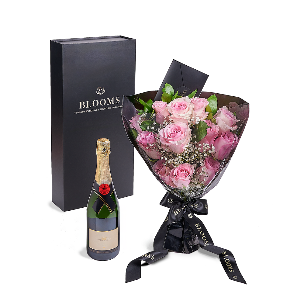 Valentine's Day 12 Stem Pink Rose Bouquet With Box &amp; Champagne, Valentine's Day gifts, Los Angeles Blooms- Los Angeles Delivery