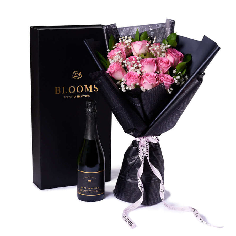Valentine's Day 12 Stem Pink Rose Bouquet With Box & Champagne, Valentine's Day gifts, Los Angeles Blooms- Los Angeles Delivery