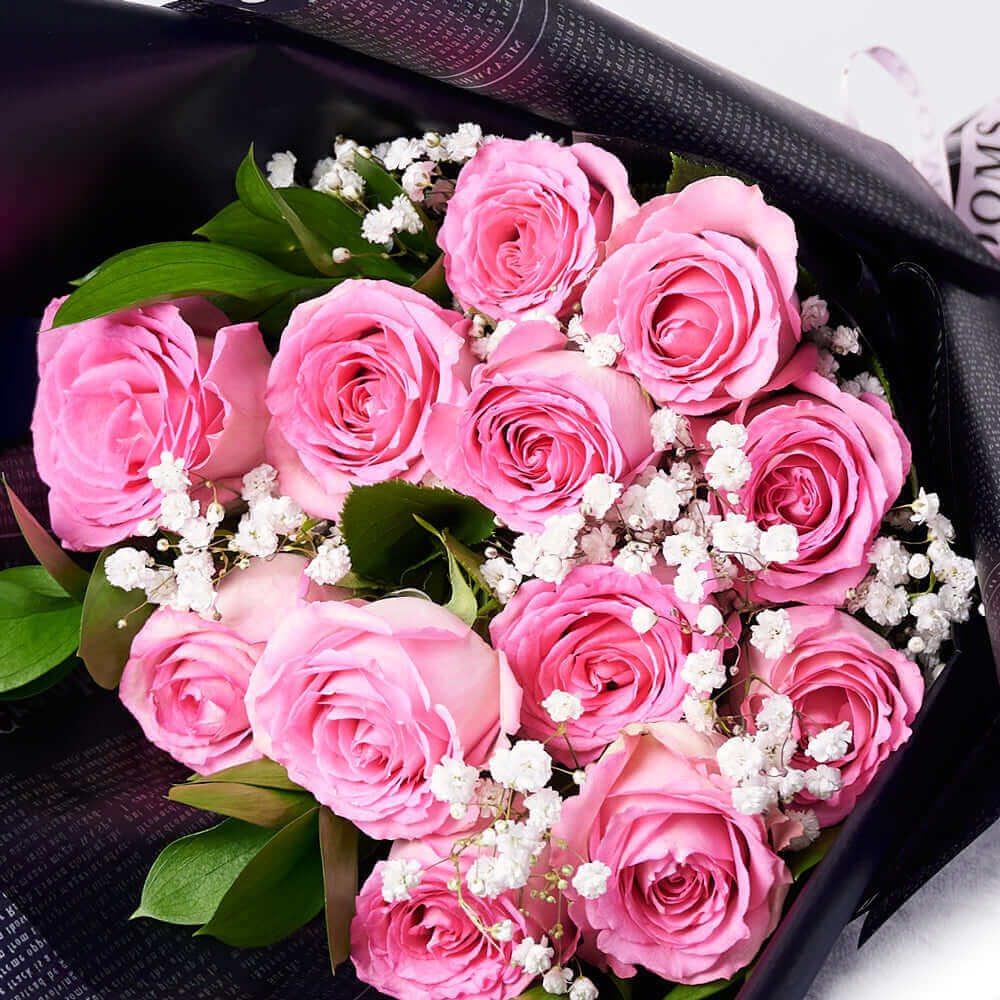 Valentine's Day 12 Stem Pink Rose Bouquet With Box & Champagne, Valentine's Day gifts, Los Angeles Blooms