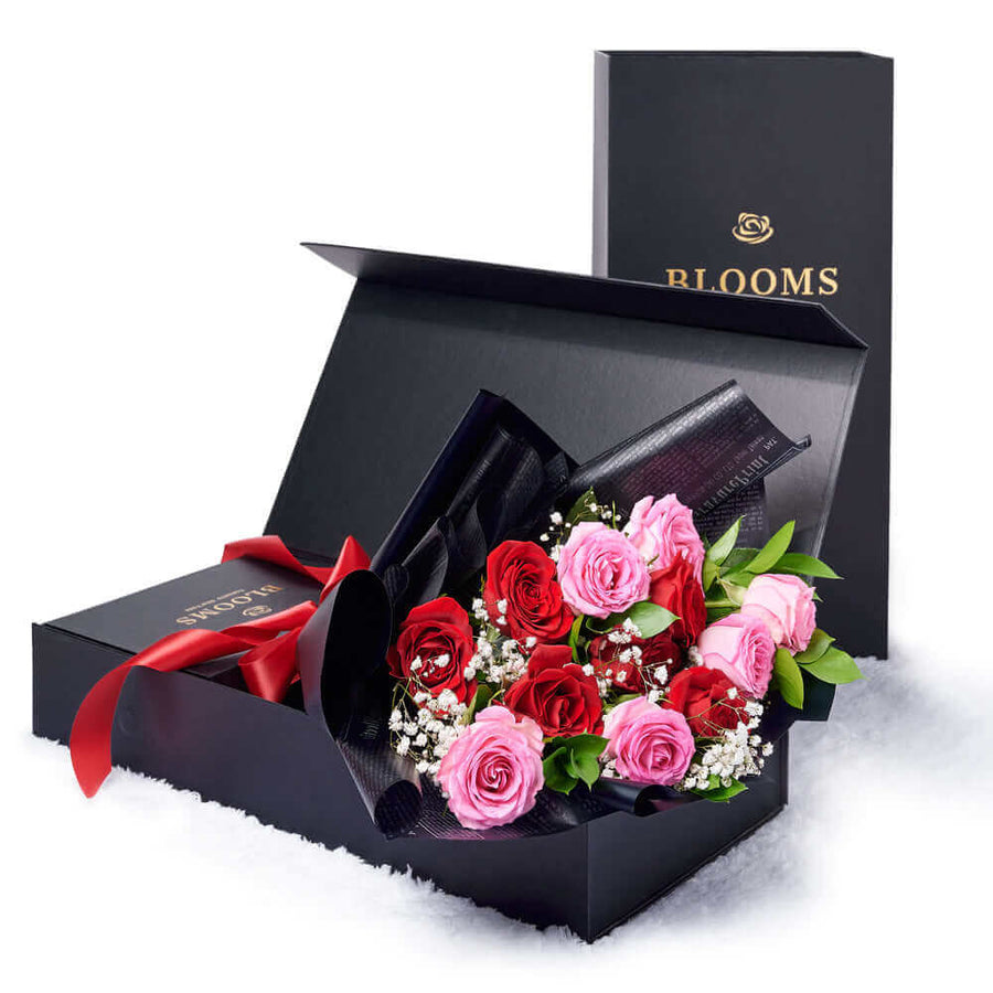 Valentine's Day 12 Stem Pink & Red Rose Bouquet With Designer Box. Los Angeles Blooms. Los Angeles Delivery, Valentine's Day gifts, roses
