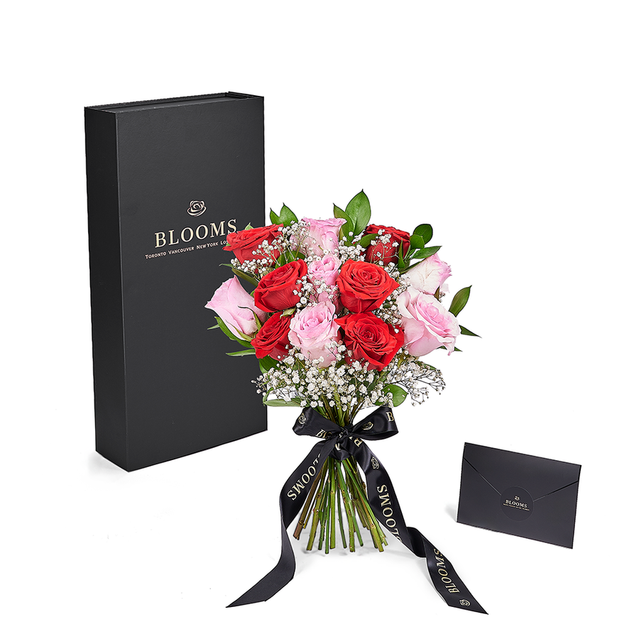 Valentine's Day 12 Stem Pink & Red Rose Bouquet With Designer Box. Los Angeles Blooms. Los Angeles Delivery, Valentine's Day gifts, roses