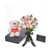 Valentine's Day 12 Stem Pink & White Rose Bouquet With Box & Bear, rose gift, rose, valentines day gift, valentines day, plush gift, plush, bear gift, bear, Los Angeles delivery