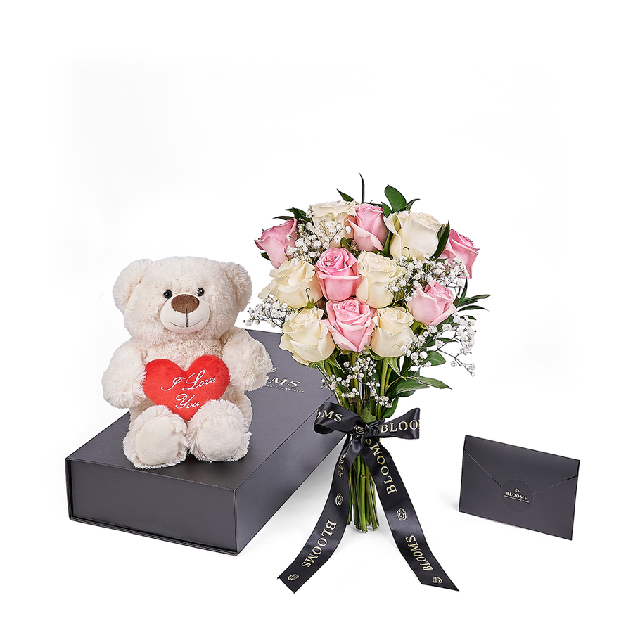 Valentine's Day 12 Stem Pink & White Rose Bouquet With Box & Bear, rose gift, rose, valentines day gift, valentines day, plush gift, plush, bear gift, bear, Los Angeles delivery