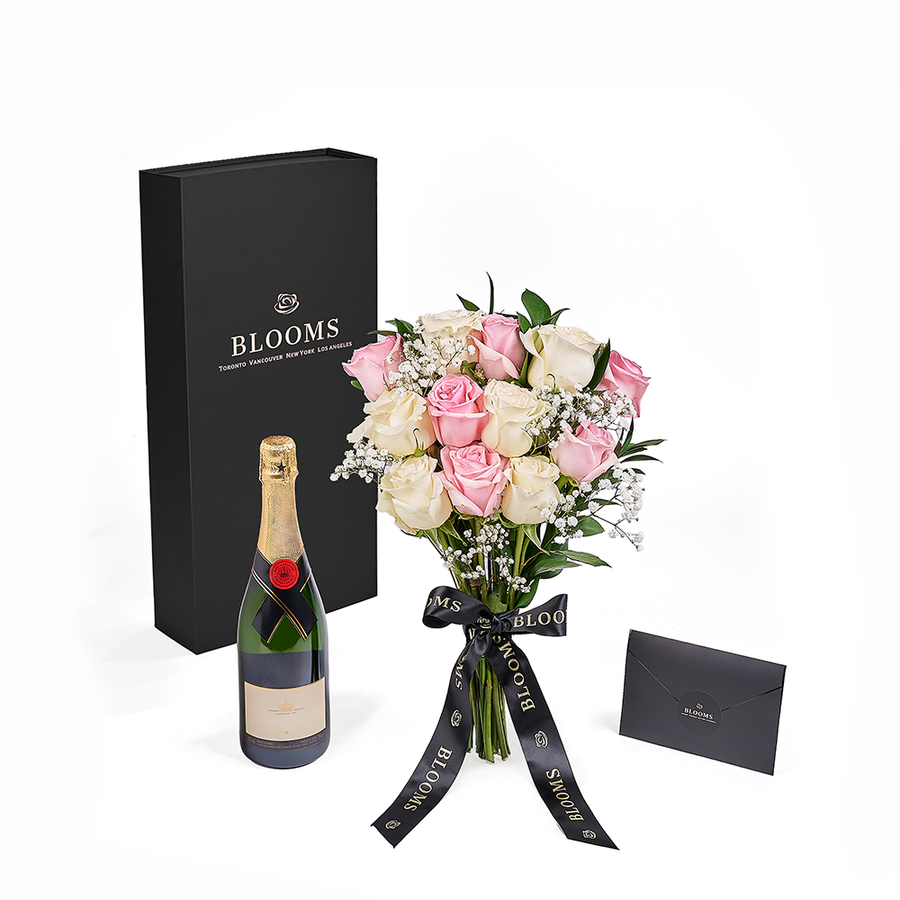 Valentine's Day 12 Stem Pink & White Rose Bouquet with Box & Champagne, valentines day gift, valentines day, rose gift, rose, champagne gift, champagne, Los Angeles delivery