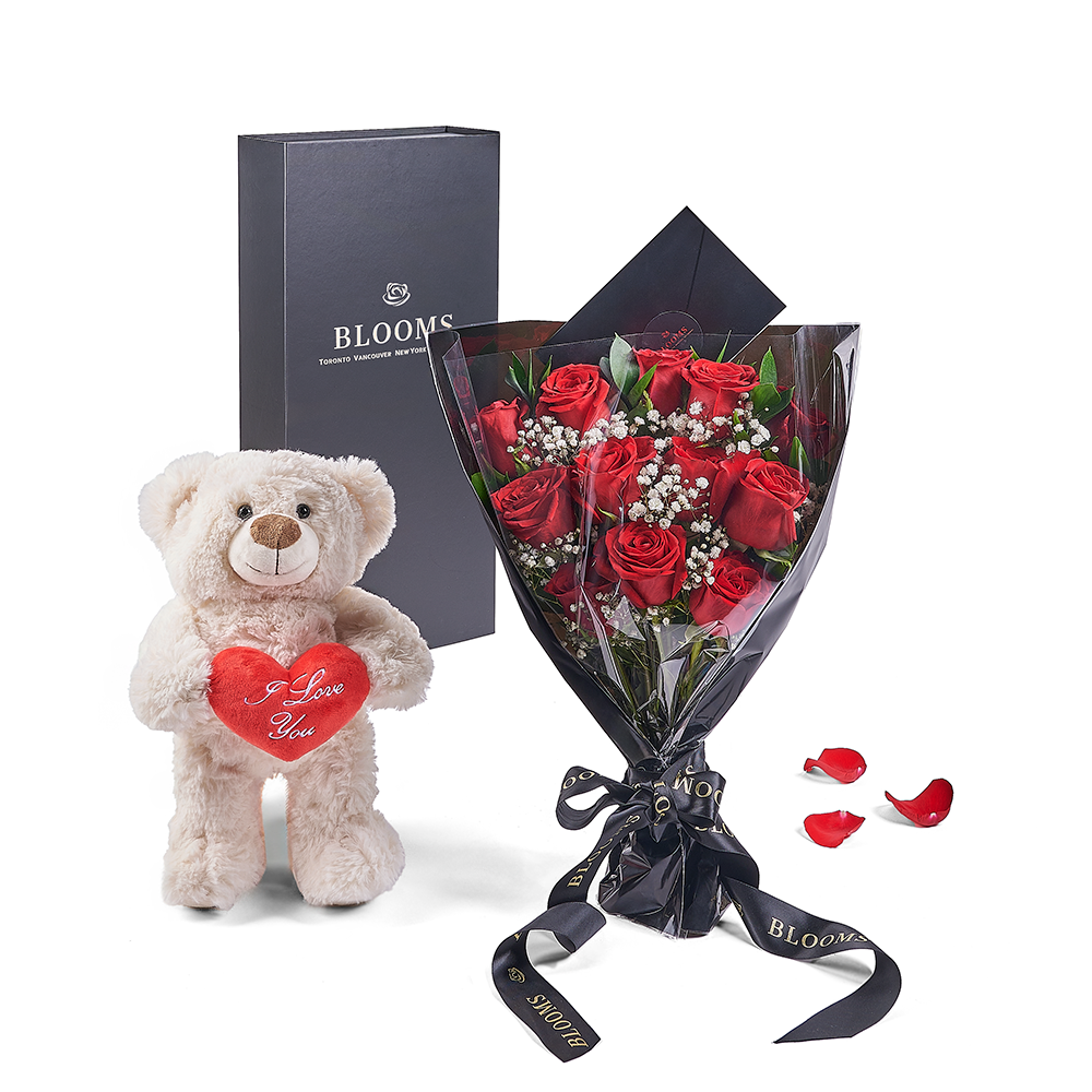 12 Stem Red and White Rose Bouquet with Baby's Breath and Valentine's Day Bear – how the gift is presented
