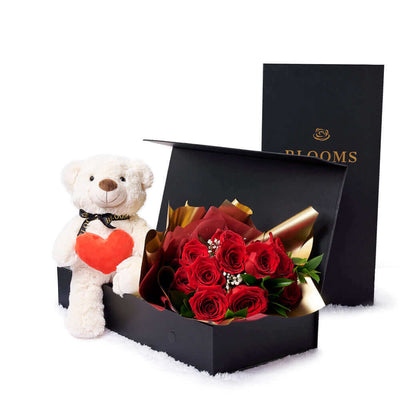 Valentine's Day 12 Stem Red Rose Bouquet With Box & Bear, plush, roses, Valentine's day gifts, Los Angeles Blooms