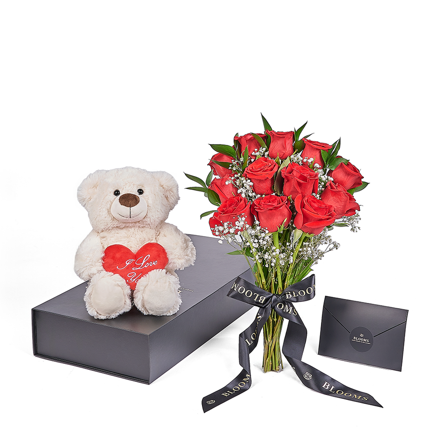 Valentine's Day 12 Stem Red Rose Bouquet With Box & Bear, plush, roses, Valentine's day gifts, Los Angeles Blooms- Los Angeles Delivery