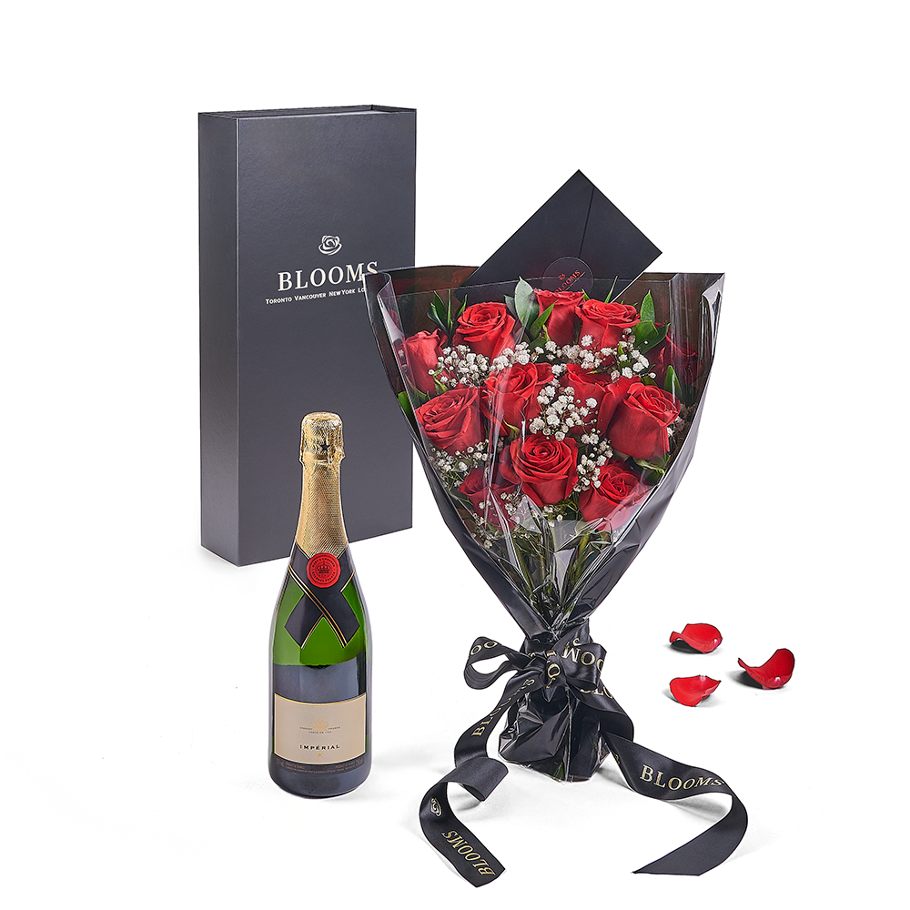Valentine’s Day 12 Stem Red Rose Bouquet With Box &amp; Champagne, Valentine's day gifts, Los Angeles Blooms - Los Angeles Delivery.
