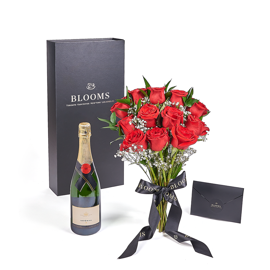 Valentine’s Day 12 Stem Red Rose Bouquet With Box & Champagne, Valentine's day gifts, Los Angeles Blooms - Los Angeles Delivery.