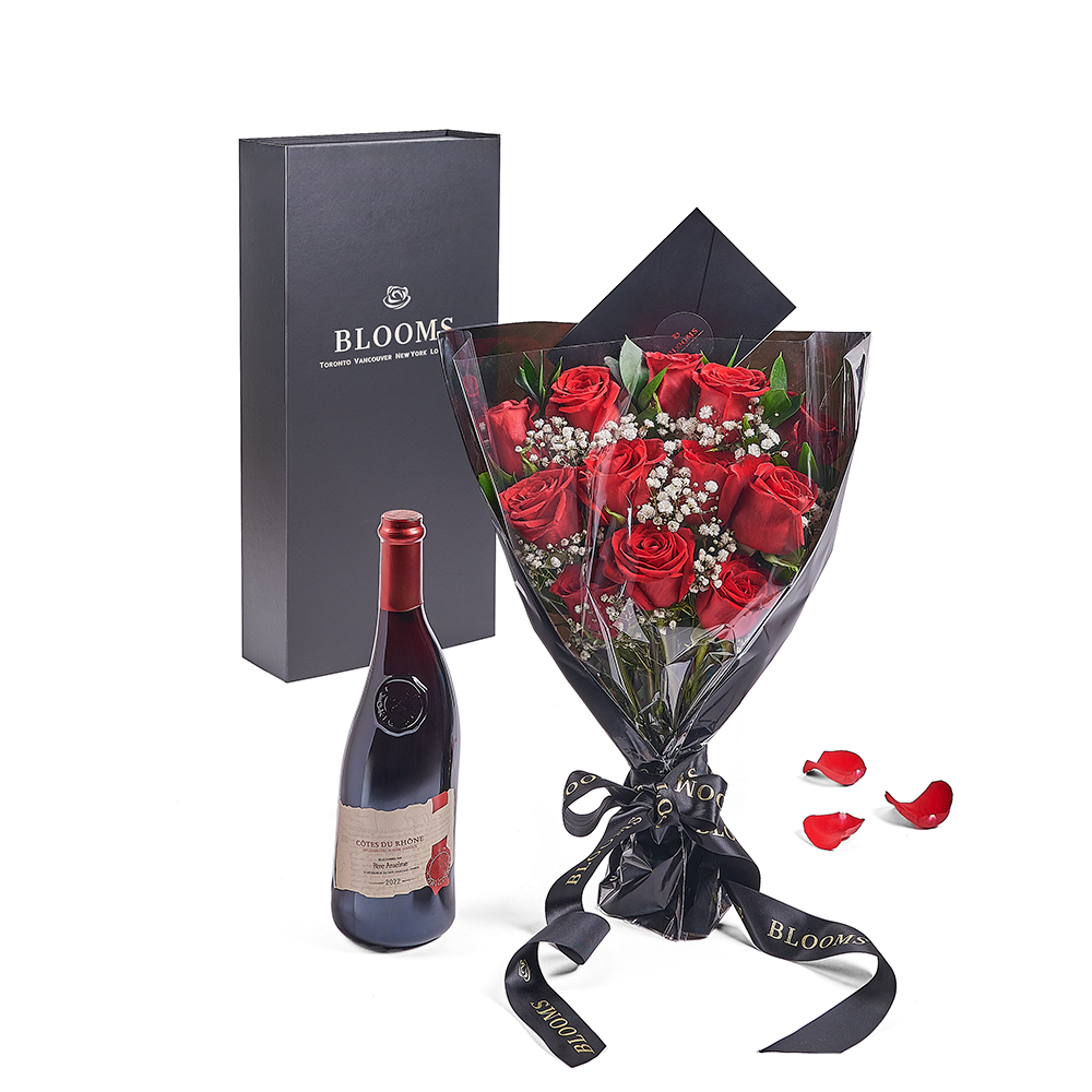 Valentine's Day Red Rose Bouquet in Black Box with Wine Bottle – how the gift is presented