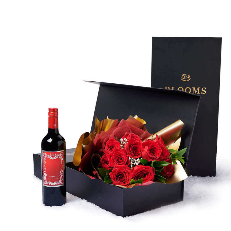Valentine's Day 12 Stem Red Rose Bouquet With Box & Wine, roses, wine, Valentine's day gifts - Los Angeles Delivery.