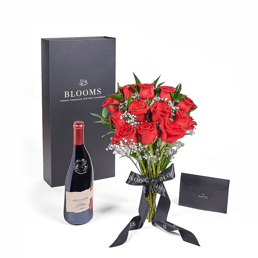 Valentine's Day 12 Stem Red Rose Bouquet With Box & Wine, roses, wine, Valentine's day gifts - Los Angeles Delivery.