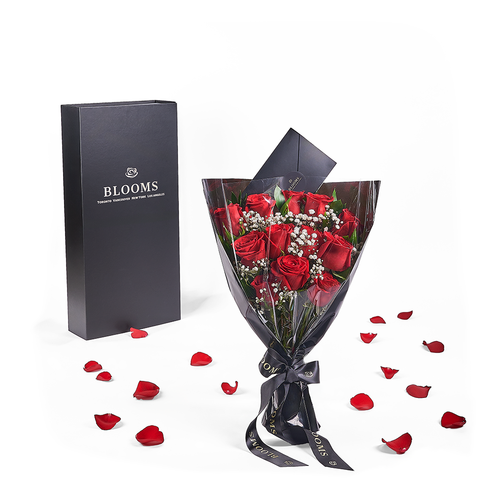 Red Rose Dozen Bouquet Tied with Designer Ribbon for Valentine's – how the gift is presented