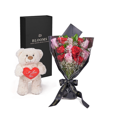 Valentine's Day 12 Stem Red & Pink Rose Bouquet With Box & Bear, Los Angeles Flower Delivery, Valentine's Day gifts, roses, plush gifts.