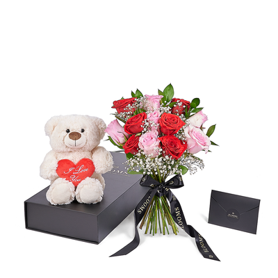 Valentine's Day 12 Stem Red & Pink Rose Bouquet With Box & Bear, Los Angeles Flower Delivery, Valentine's Day gifts, roses, plush gifts.