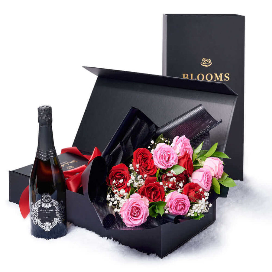 Valentine’s Day 12 Stem Red & Pink Rose Bouquet With Box & Champagne, Valentine's Day gifts, roses. Los Angeles Blooms- Los Angeles Delivery