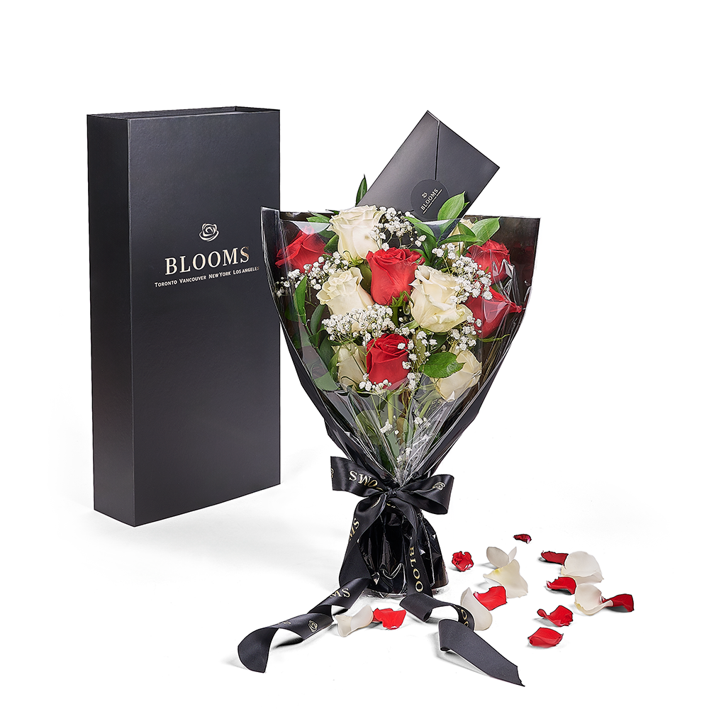Valentine's Day 12 Stem Red &amp; White Rose Bouquet With Box. Los Angeles Blooms - Los Angeles Delivery