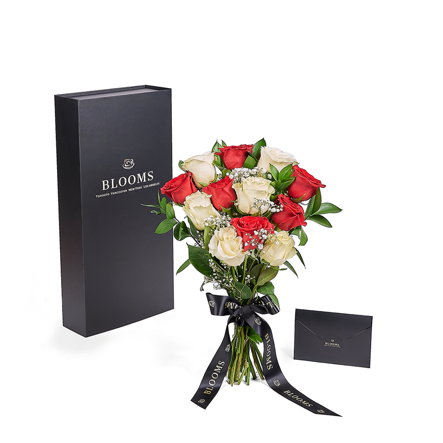 Valentine's Day 12 Stem Red & White Rose Bouquet With Box. Los Angeles Blooms - Los Angeles Delivery