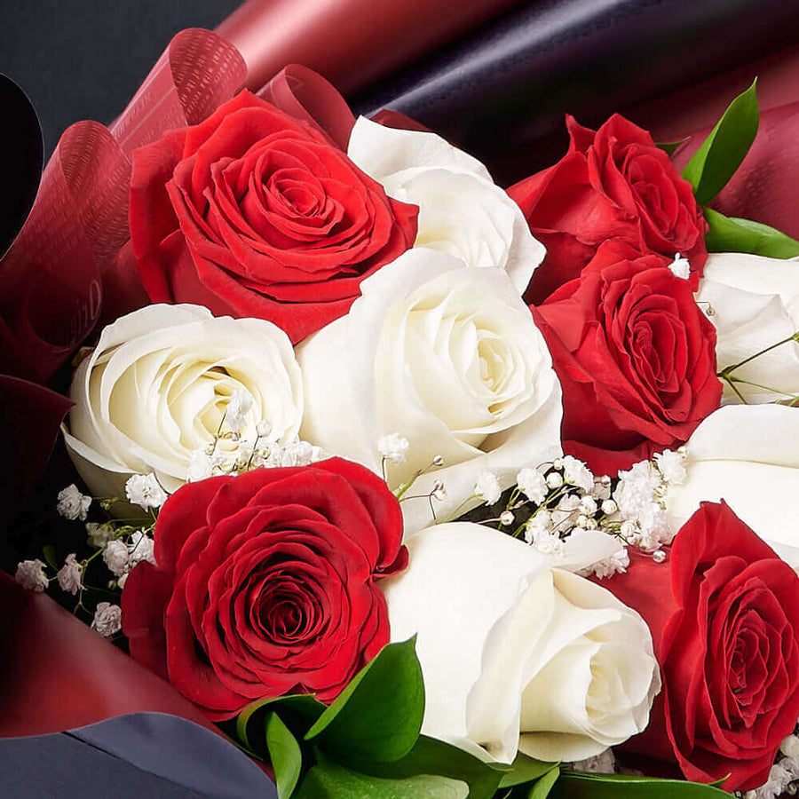 Valentine’s Day 12 Stem Red & White Rose Bouquet With Box & Wine, Valentine's Day gifts, roses, wine gifts, Los Angeles Blooms - Los Angeles Delivery