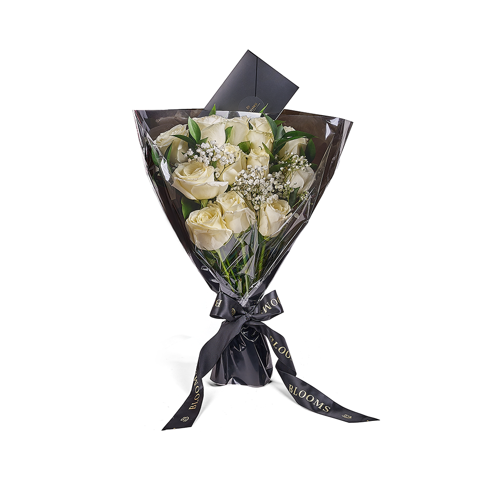 Valentine's Day White Rose Bouquet with Salal and Baby's Breath – how the gift is presented