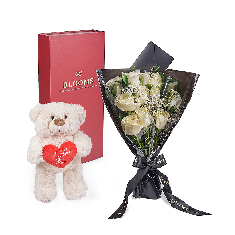 Valentine's Day White Rose Bouquet with Red Box and Plush Bear – how the gift is presented