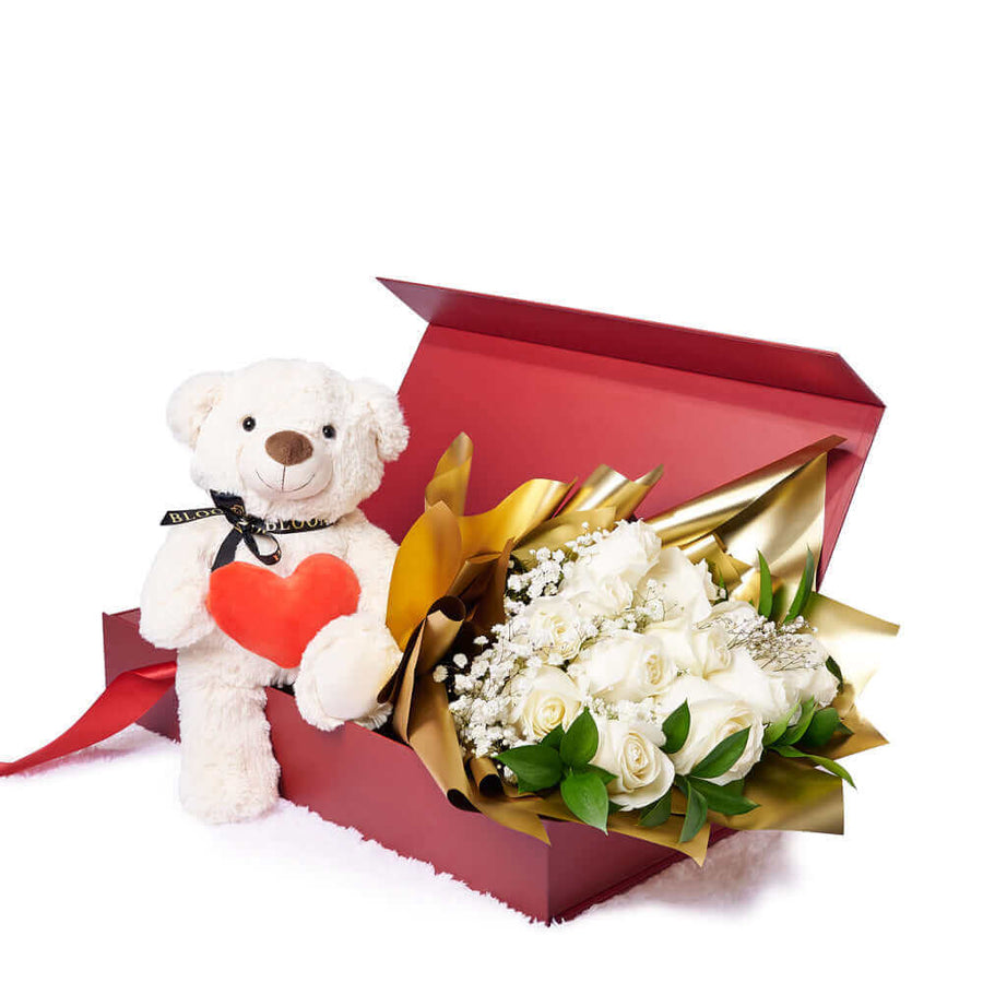 The Valentine’s Day 12 Stem White Rose Bouquet With Box & Bear is a lovely way to celebrate your love. Los Angeles Blooms - Los Angeles Delivery