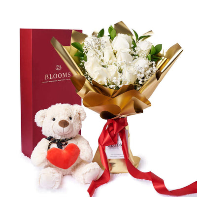 The Valentine’s Day 12 Stem White Rose Bouquet With Box & Bear is a lovely way to celebrate your love. Los Angeles Blooms - Los Angeles Delivery