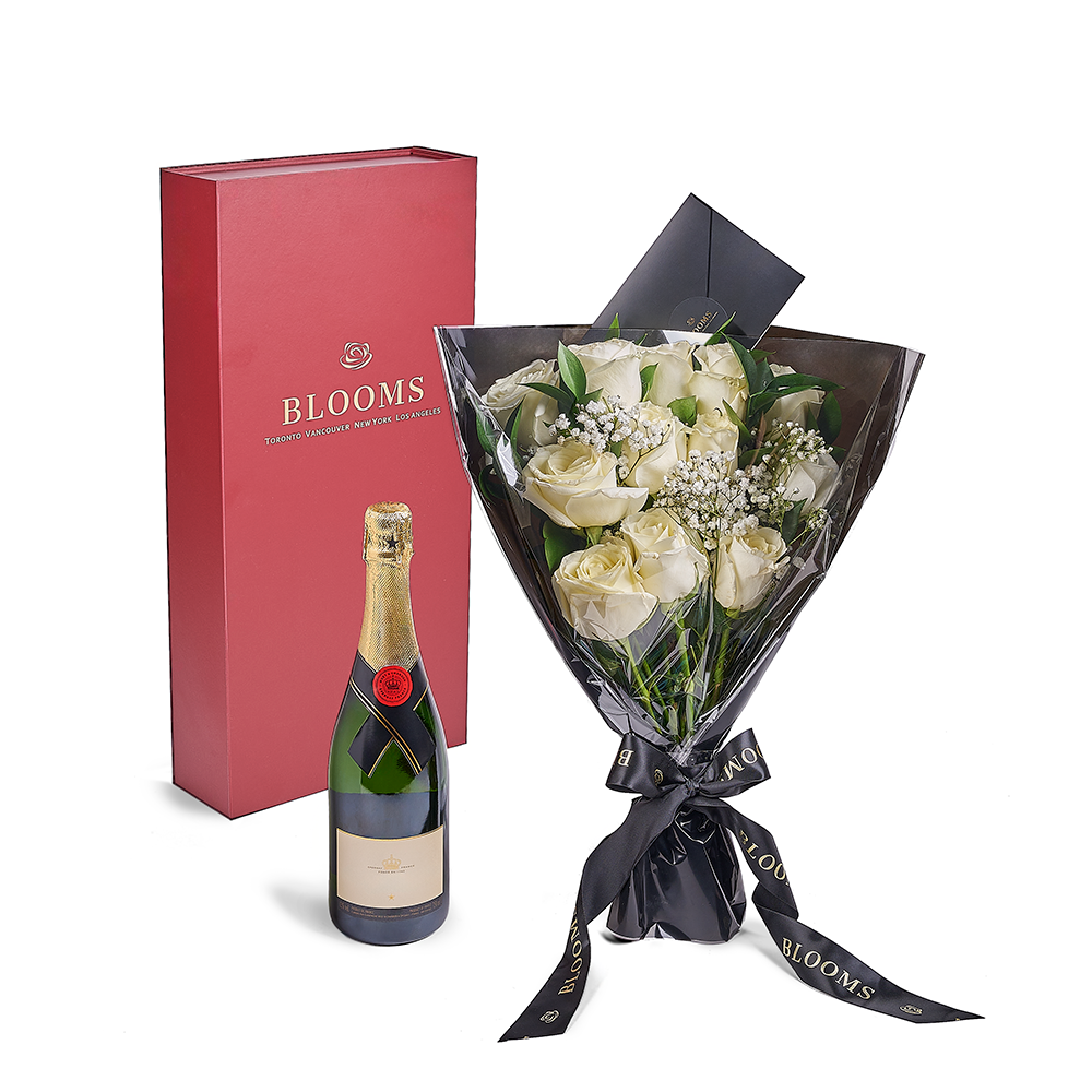 Valentine’s Day 12 Stem White Rose Bouquet With Box &amp; Champagne. Los Angeles Blooms - Los Angeles Delivery