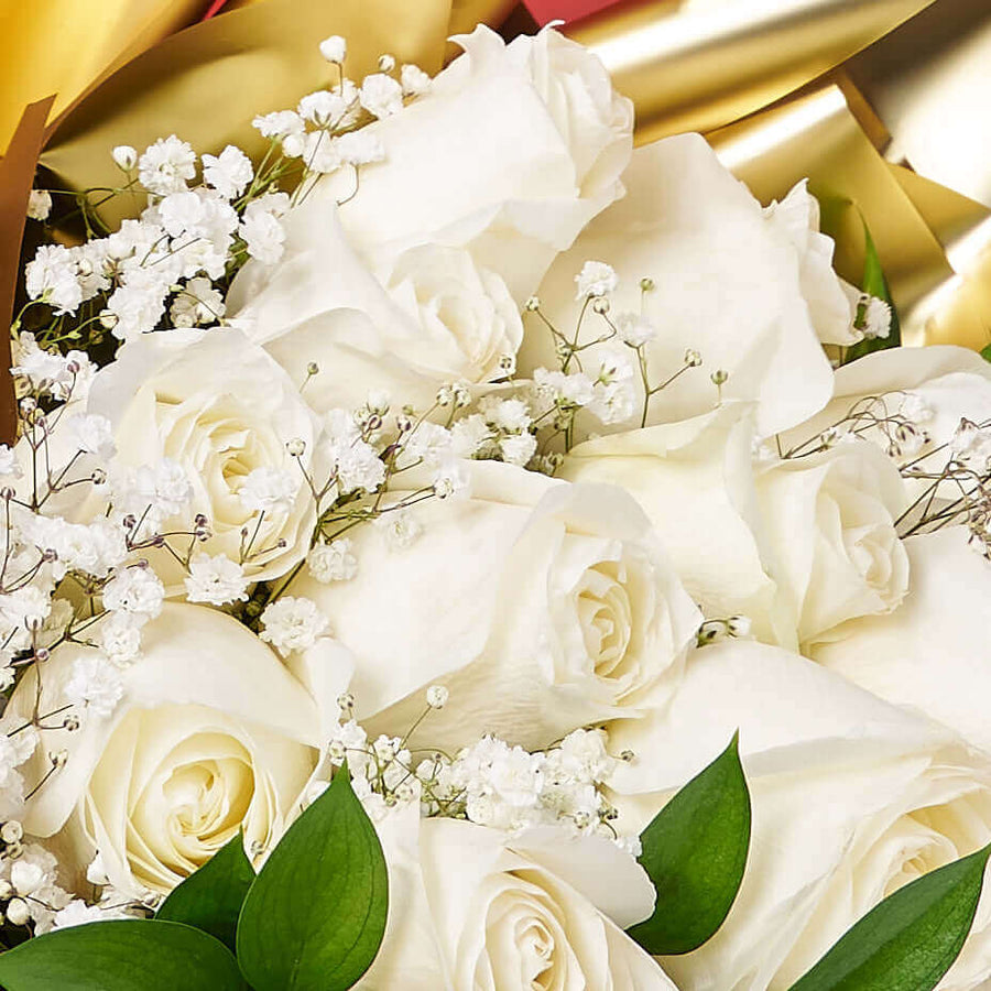 Valentine’s Day 12 Stem White Rose Bouquet With Box & Champagne. Los Angeles Blooms - Los Angeles Delivery