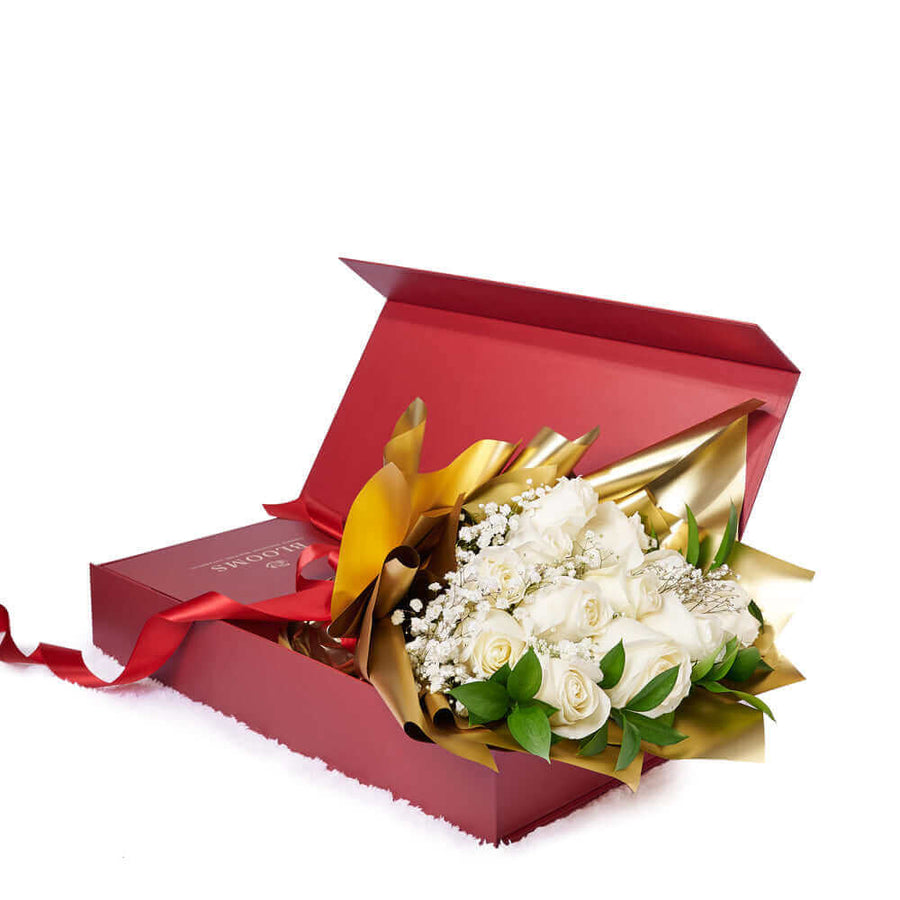 Valentine's Day 12 Stem White Rose Bouquet With Designer Box, Valentine's Day gifts, roses. Los Angeles Blooms - Los Angeles Delivery