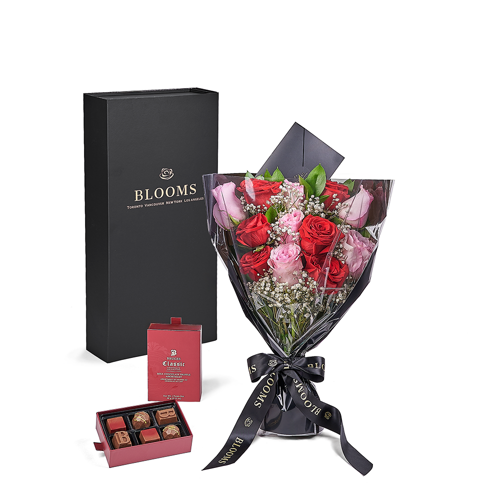 Valentine’s Day Dozen Red &amp; Pink Rose Bouquet With Box &amp; Chocolate. Valentine's Day gifts. Los Angeles Blooms - Los Angeles Delivery