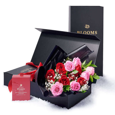 Valentine’s Day Dozen Red & Pink Rose Bouquet With Box & Chocolate. Valentine's Day gifts. Los Angeles Blooms - Los Angeles Delivery