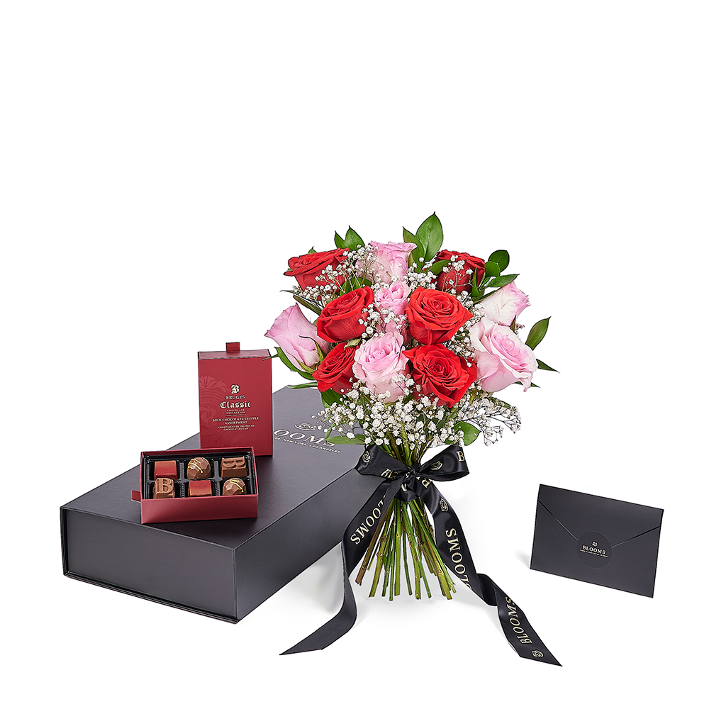 Valentine’s Day Dozen Red & Pink Rose Bouquet With Box & Chocolate. Valentine's Day gifts. Los Angeles Blooms - Los Angeles Delivery