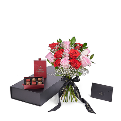 Valentine’s Day Dozen Red & Pink Rose Bouquet With Box & Chocolate. Valentine's Day gifts. Los Angeles Blooms - Los Angeles Delivery