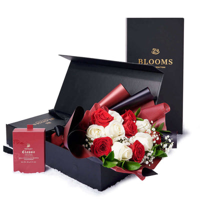 Valentine’s Day Dozen Red & White Rose Bouquet With Box & Chocolate, Valentine's Day gifts, Los Angeles Blooms - Los Angeles Delivery